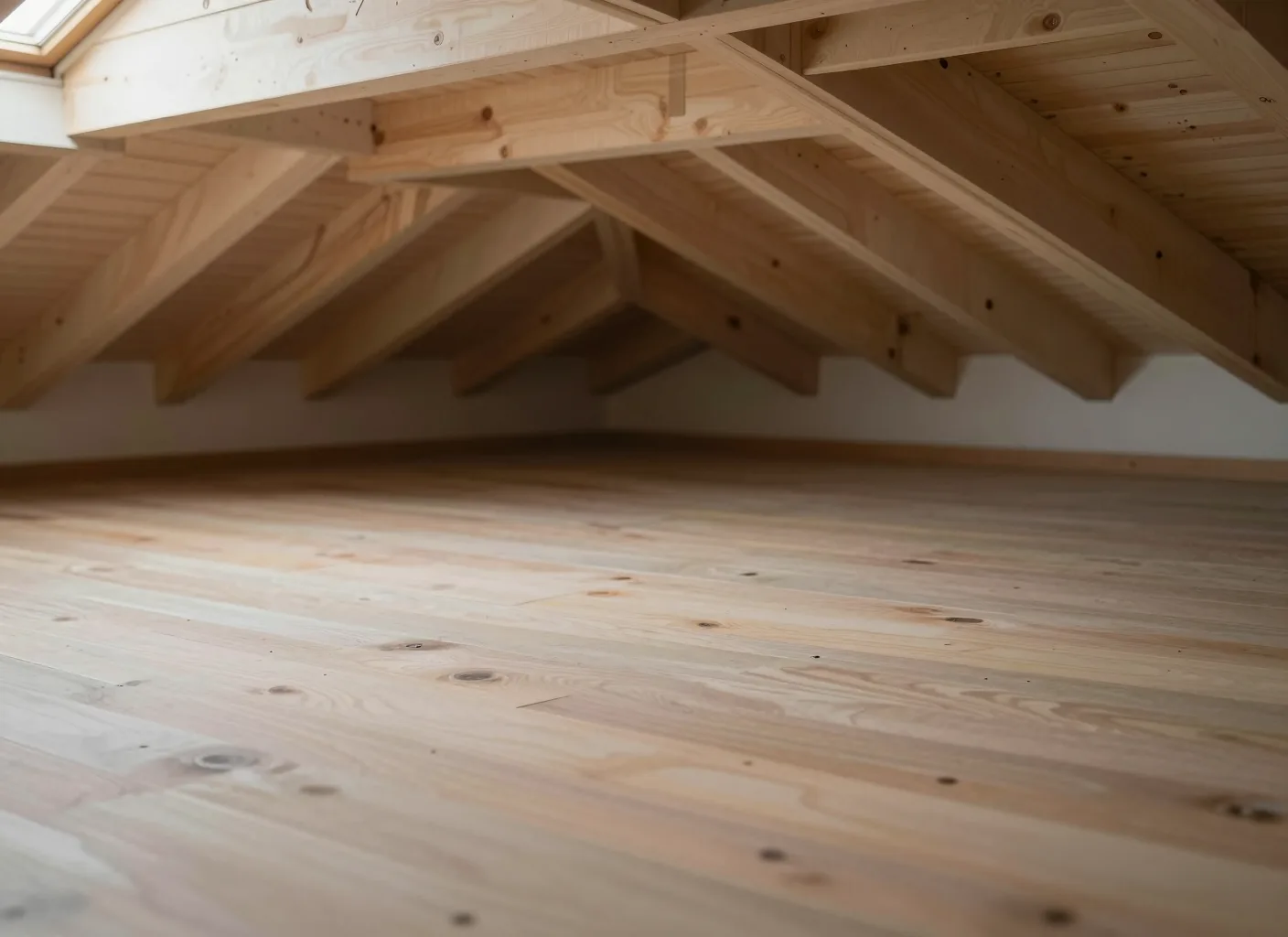 Unausgebauter Dachstuhl mit sichtbarer Holzbalkenkonstruktion