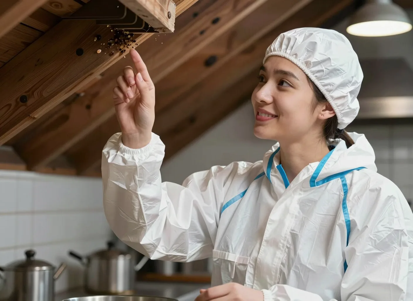 Schädlingsbekämpferin bei der Kontrolle eines Dachbodenbalkens auf Schädlingsbefall