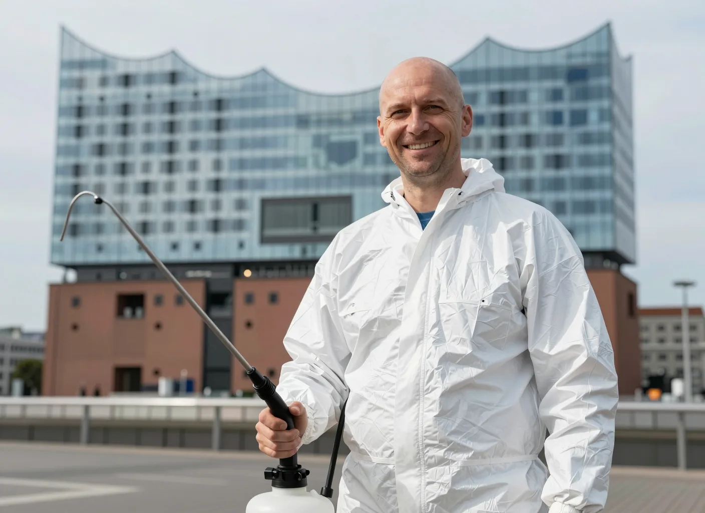 Schädlingsbekämpfer mit Sprühgerät vor der Elbphilharmonie in Hamburg