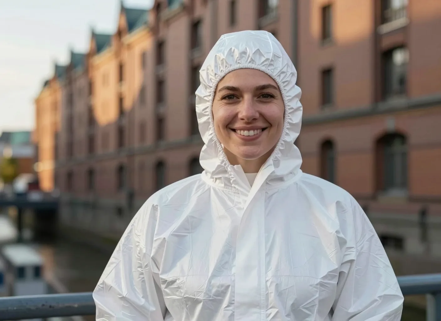 Schädlingsbekämpferin vor der Speicherstadt in Hamburg