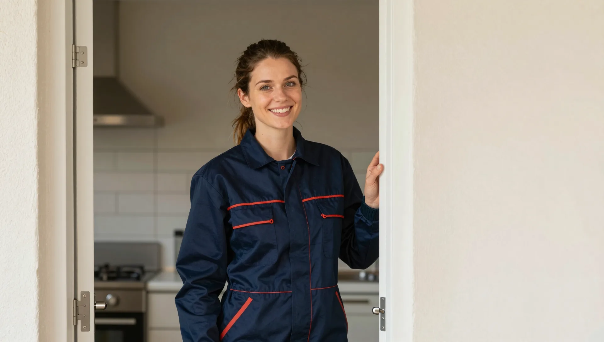 Schädlingsbekämpferin an der Wohnungstür bei einem Einsatz vor Ort