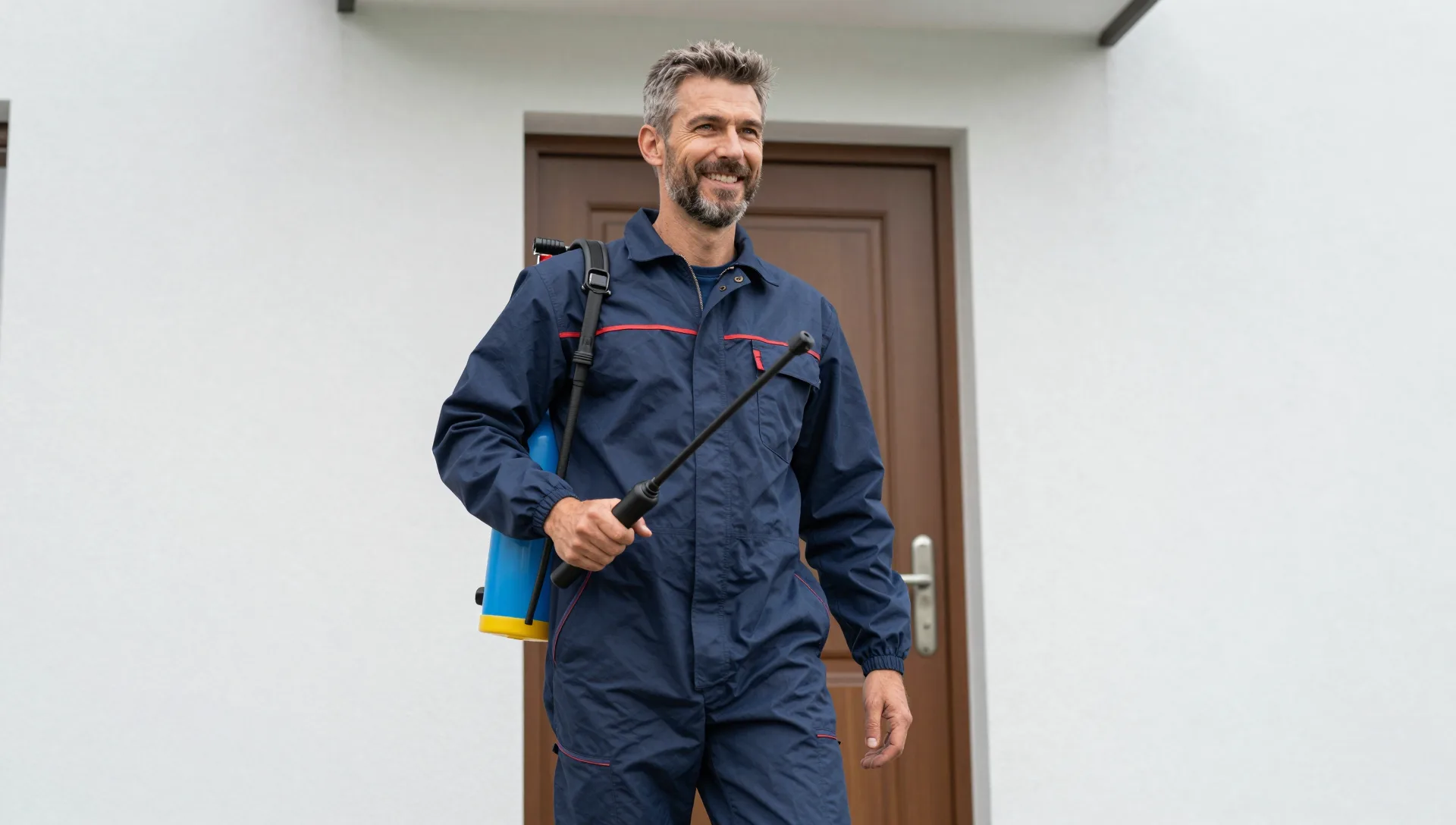 Schädlingsbekämpfer mit Sprühausrüstung auf dem Weg zur Haustür