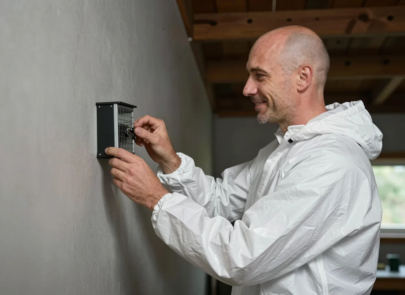Schädlingsbekämpfer beim Anbringen einer Monitoring-Falle an der Wand