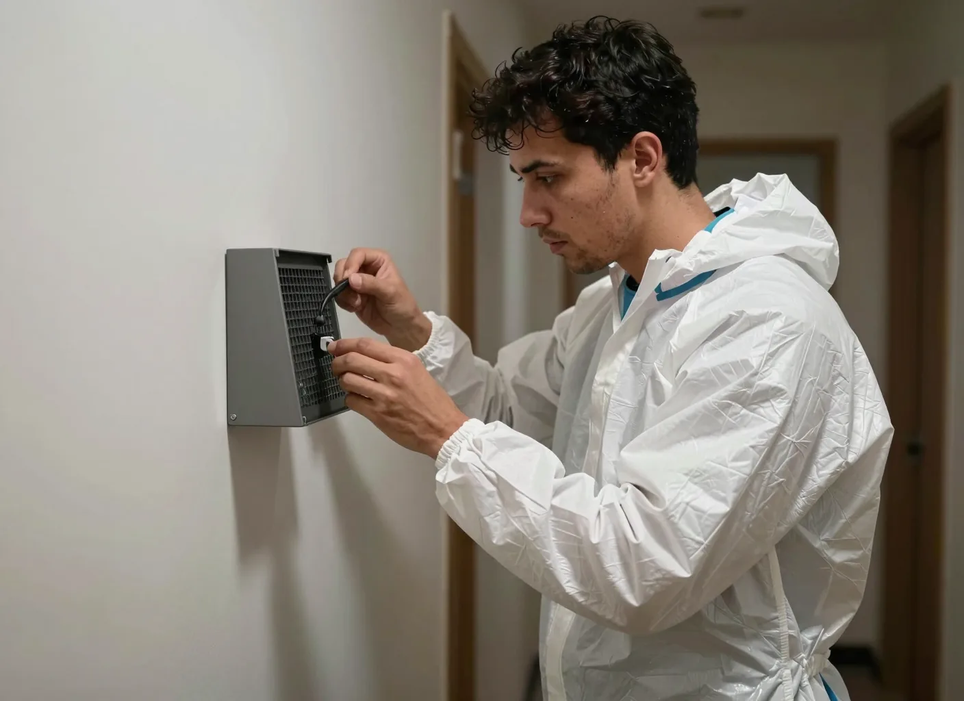 Schädlingsbekämpfer beim Anbringen einer Monitoring-Falle an der Wand