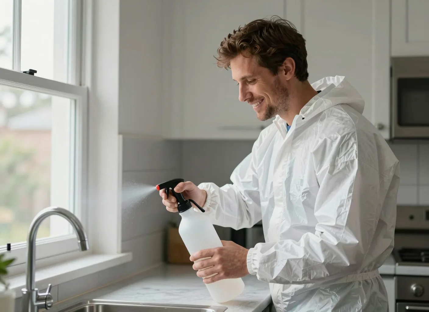 Schädlingsbekämpfer bei der Sprühbehandlung an einer Fensterbank in der Küche