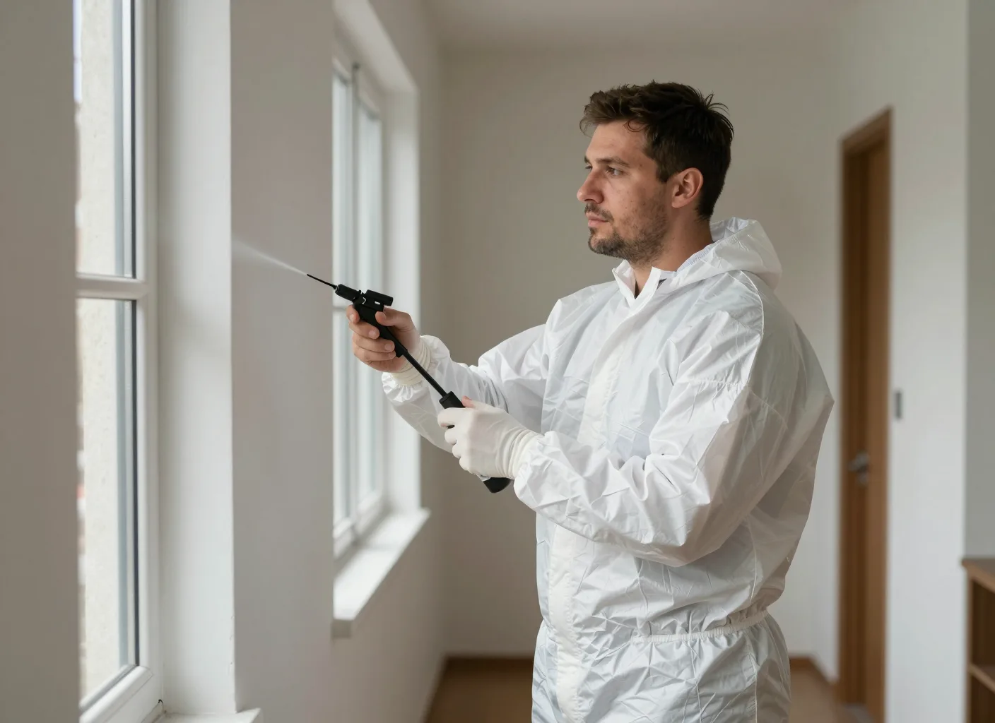 Schädlingsbekämpfer bei der Sprühbehandlung an einer Fensterbank in der Küche