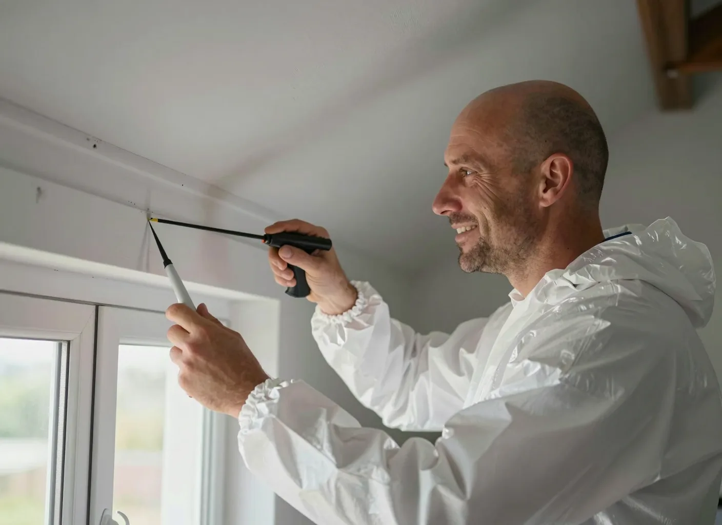 Schädlingsbekämpfer bei der Sprühbehandlung an einer Fensterbank in der Küche
