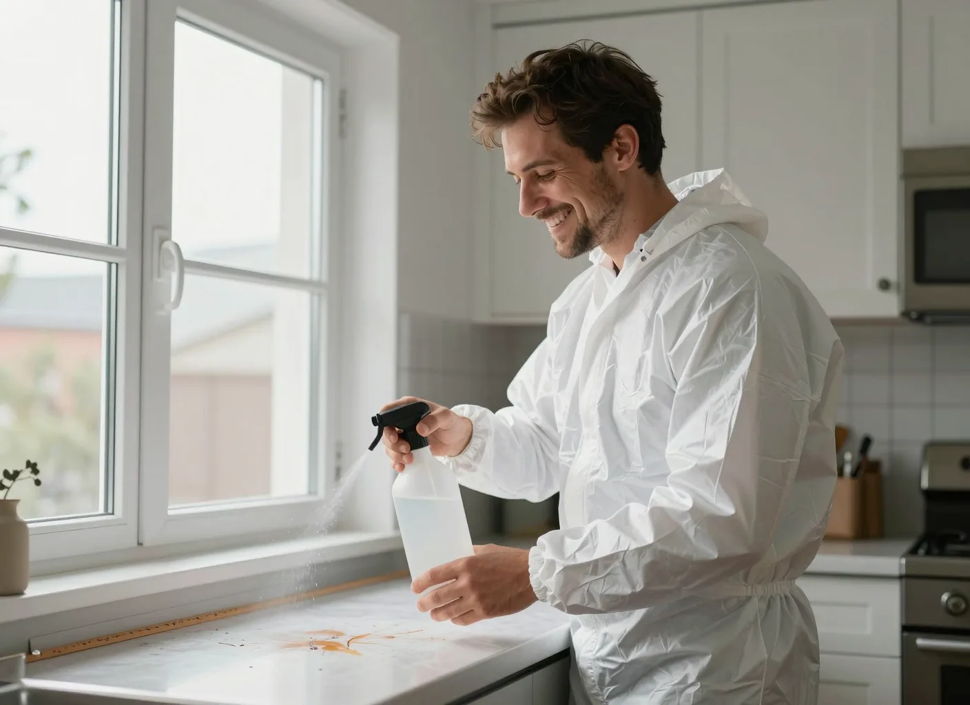 Schädlingsbekämpfer bei der Sprühbehandlung an einer Fensterbank in der Küche
