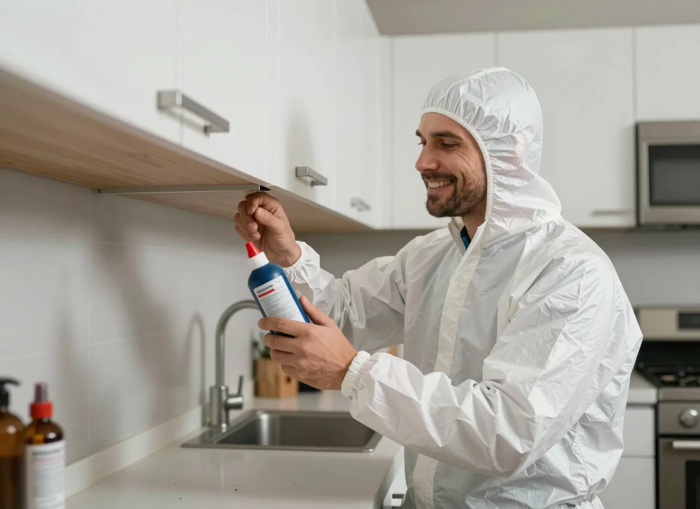 Schädlingsbekämpfer bei der Ködergel-Anwendung unter einem Küchenschrank