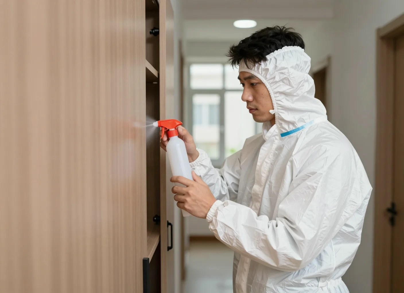 Schädlingsbekämpfer bei der Ködergel-Anwendung unter einem Küchenschrank