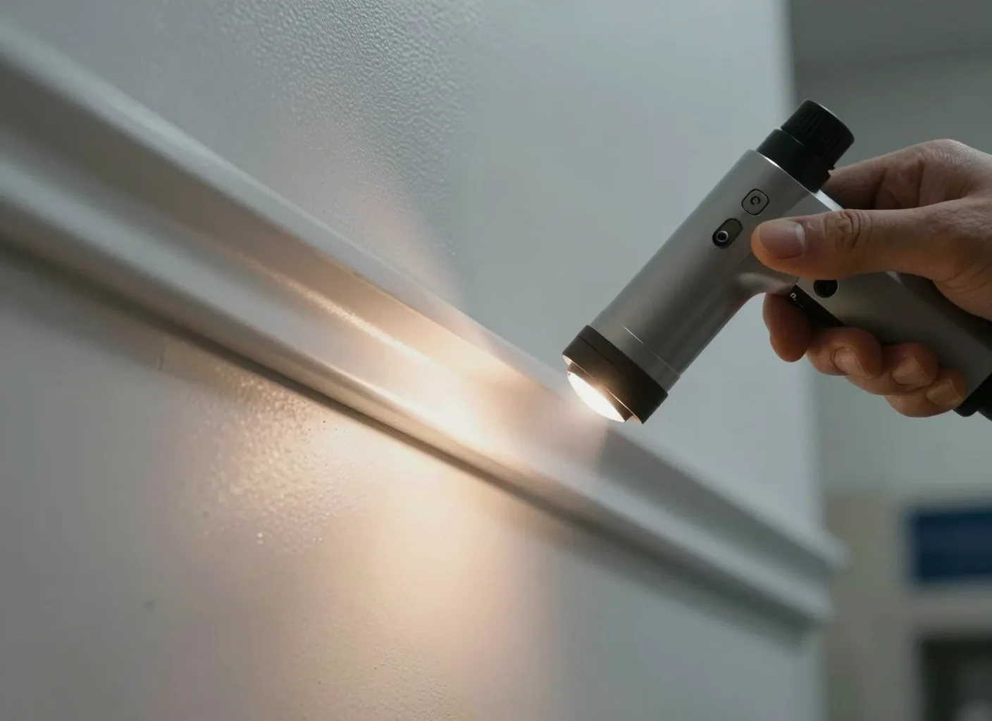 Inspektion einer Fußleiste mit einer UV-Lampe zur Schädlingssuche