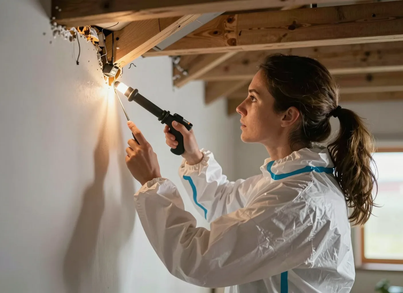 Schädlingsbekämpferin bei der Inspektion einer Wand-Deckenfuge mit Lichtquelle