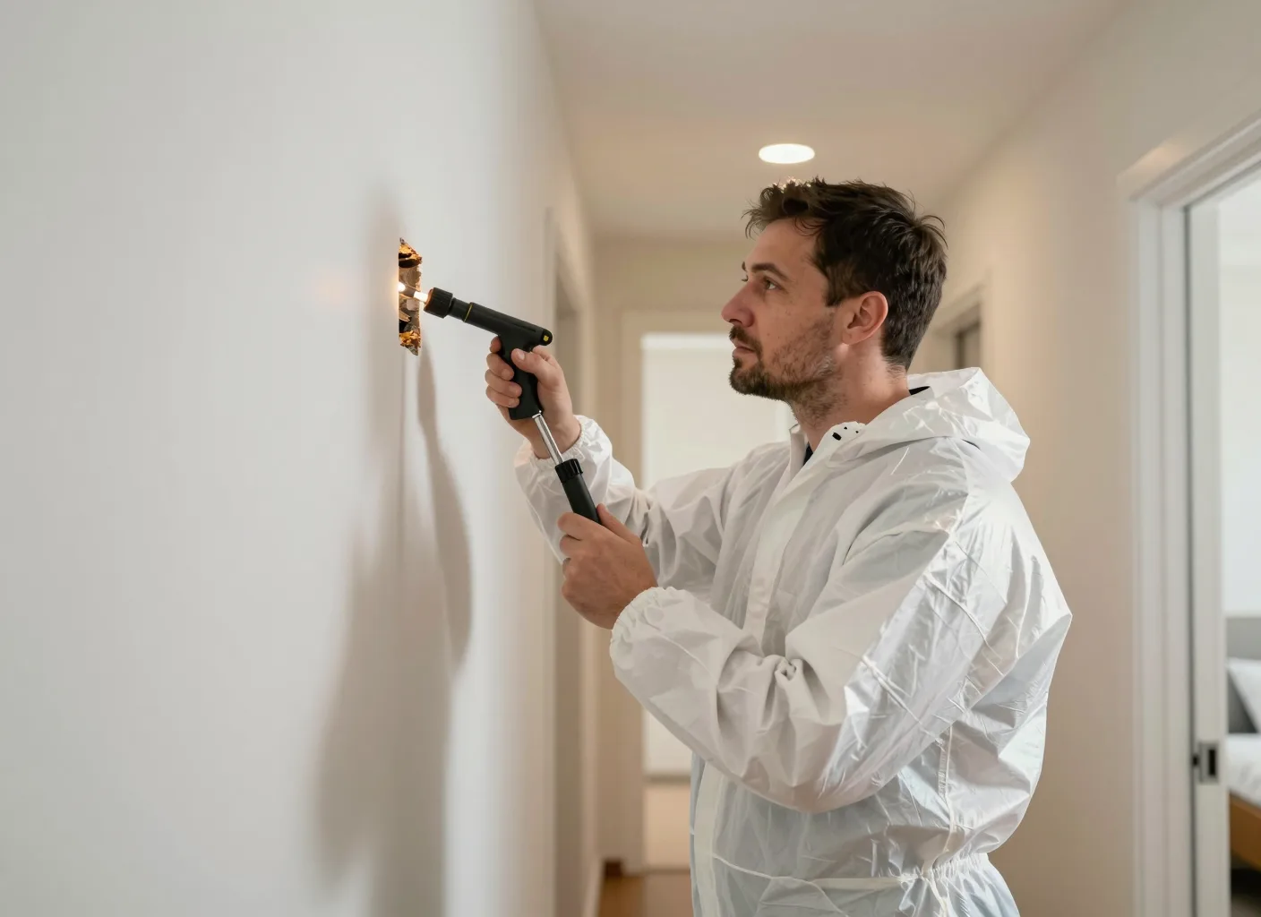 Schädlingsbekämpferin bei der Inspektion einer Wand-Deckenfuge mit Lichtquelle